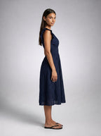 Cassia Eyelet V Neck Ruffle Cap Sleeve Midi Dress in Navy