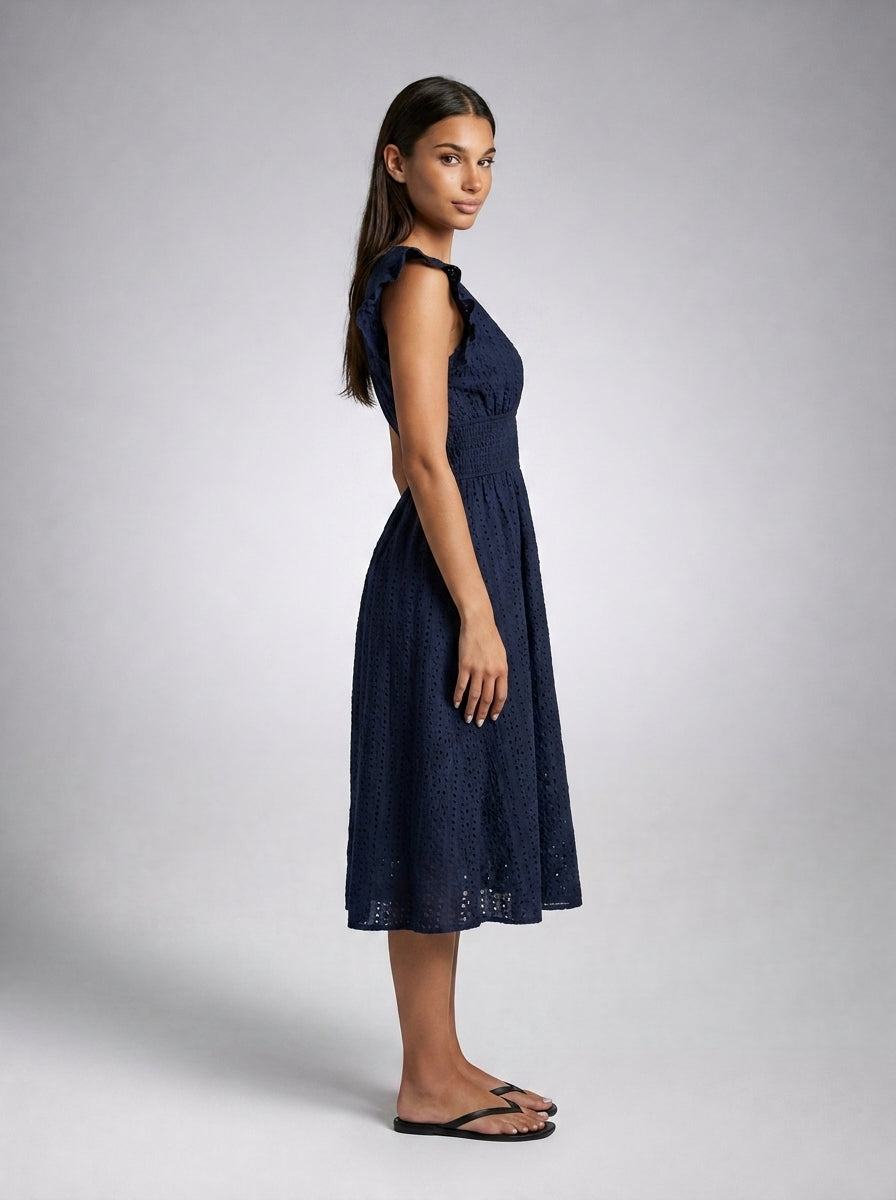 Cassia Eyelet V Neck Ruffle Cap Sleeve Midi Dress in Navy