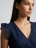 Cassia Eyelet V Neck Ruffle Cap Sleeve Midi Dress in Navy