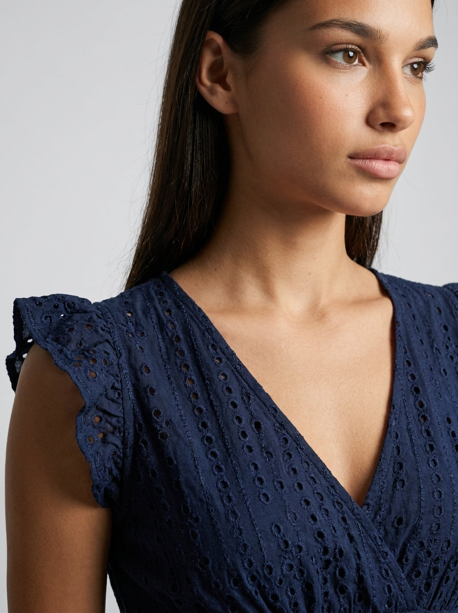 Cassia Eyelet V Neck Ruffle Cap Sleeve Midi Dress in Navy