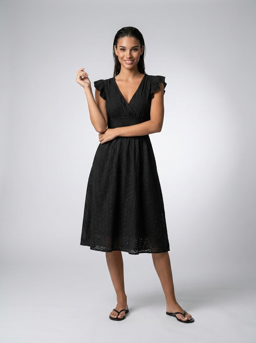 Cassia Eyelet V Neck Ruffle Cap Sleeve Midi Dress in Black