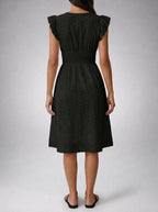 Cassia Eyelet V Neck Ruffle Cap Sleeve Midi Dress in Black