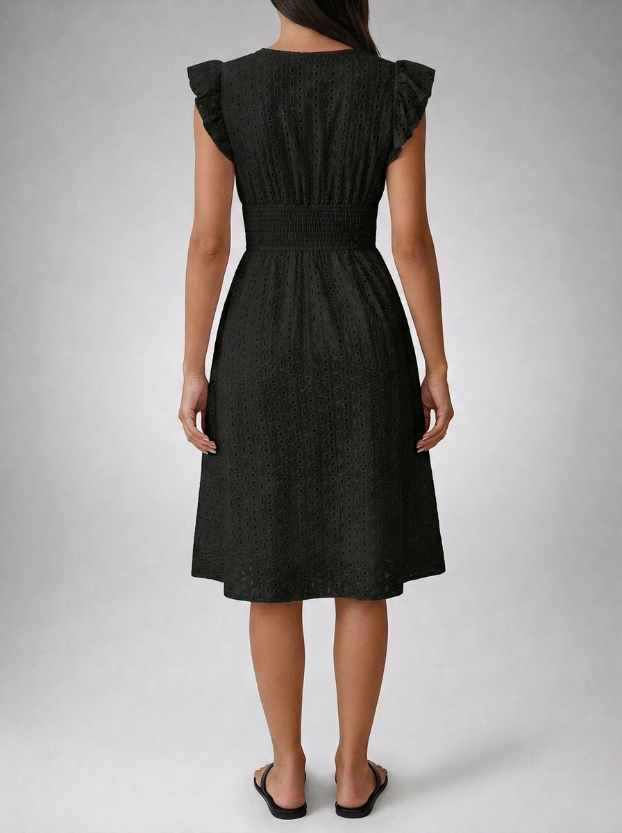 Cassia Eyelet V Neck Ruffle Cap Sleeve Midi Dress in Black
