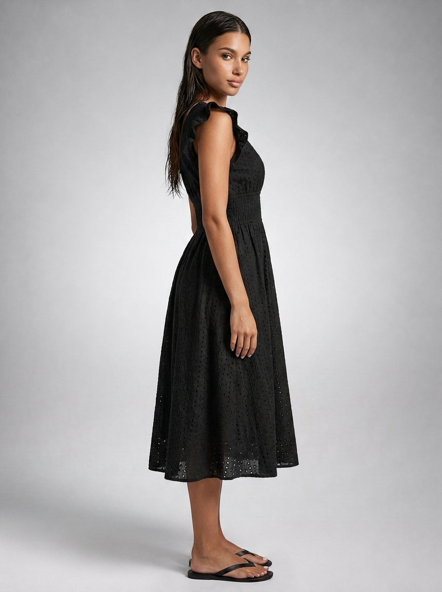 Cassia Eyelet V Neck Ruffle Cap Sleeve Midi Dress in Black