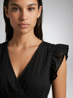 Cassia Eyelet V Neck Ruffle Cap Sleeve Midi Dress in Black