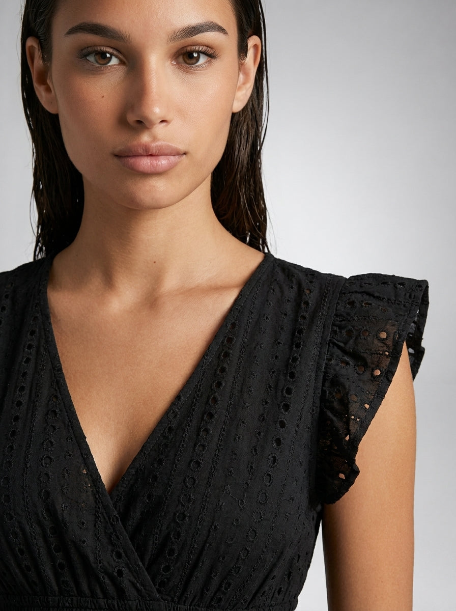 Cassia Eyelet V Neck Ruffle Cap Sleeve Midi Dress in Black