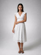 Cassia Eyelet V Neck Ruffle Cap Sleeve Midi Dress in White