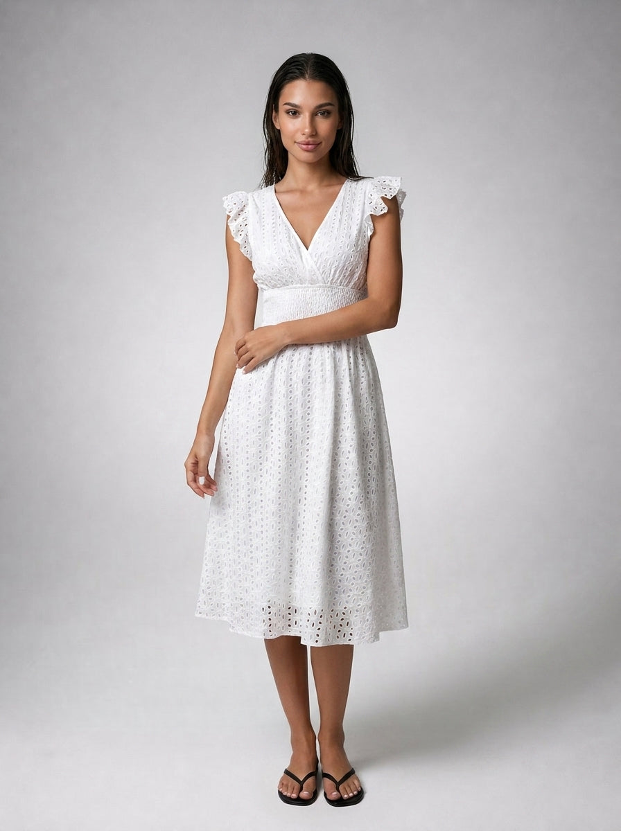 Cassia Eyelet V Neck Ruffle Cap Sleeve Midi Dress in White