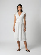 Cassia Eyelet V Neck Ruffle Cap Sleeve Midi Dress in White