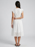 Cassia Eyelet V Neck Ruffle Cap Sleeve Midi Dress in White