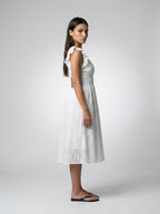 Cassia Eyelet V Neck Ruffle Cap Sleeve Midi Dress in White