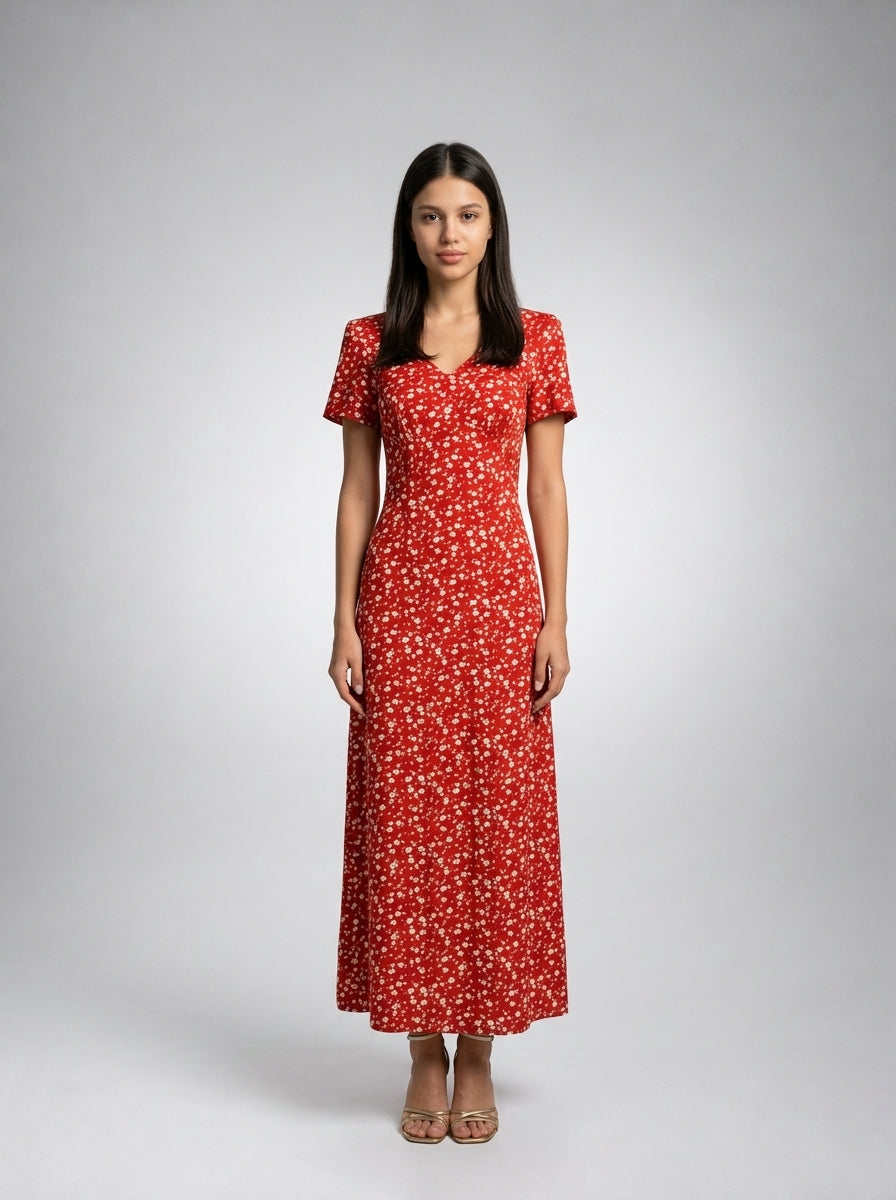 Liora Floral V Neck Short Sleeve Maxi Dress in Red