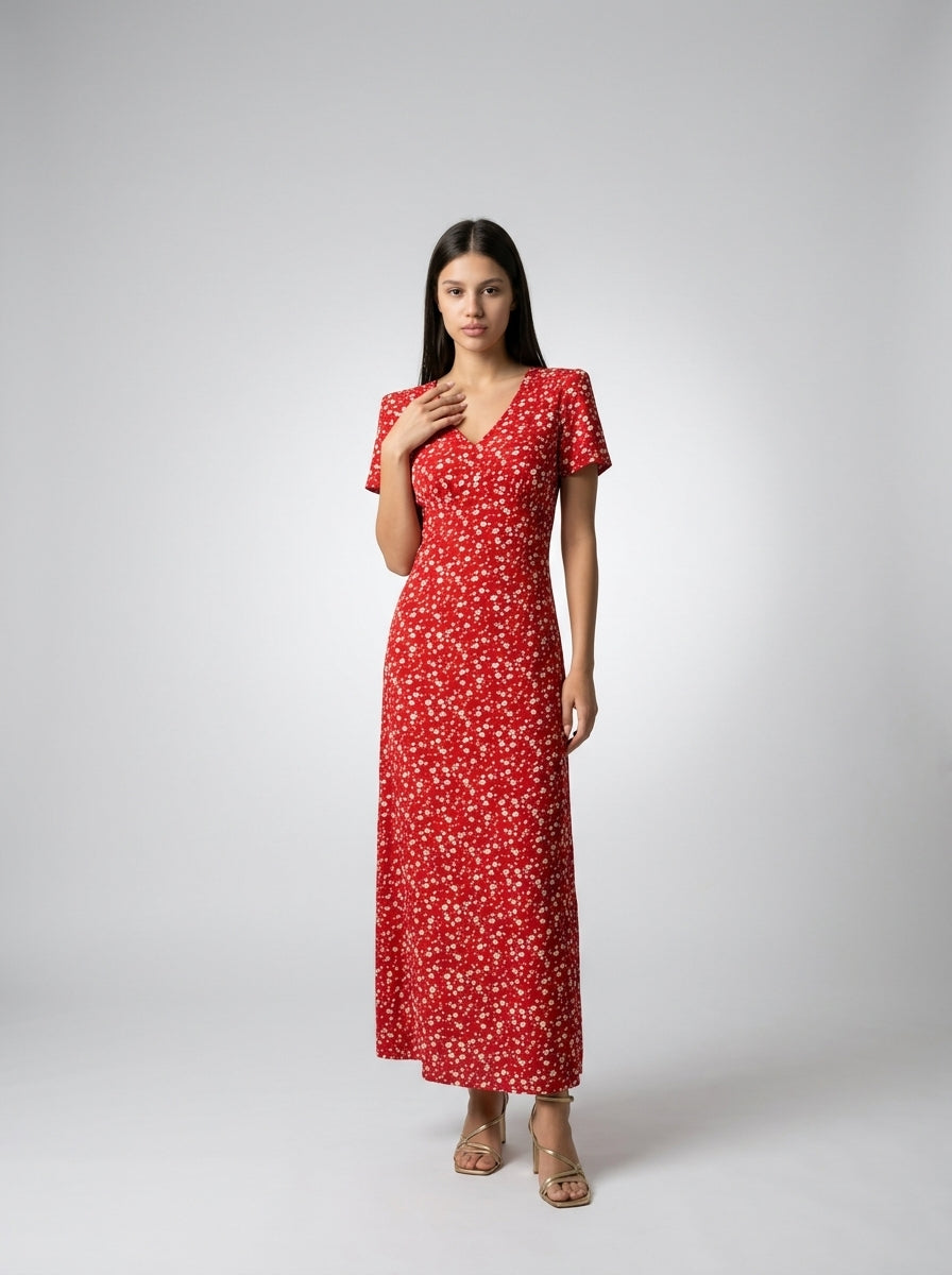 Liora Floral V Neck Short Sleeve Maxi Dress in Red