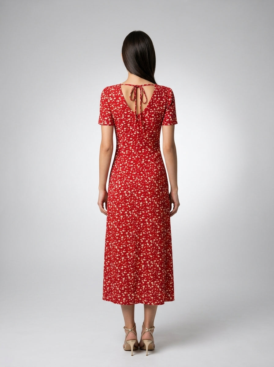 Liora Floral V Neck Short Sleeve Maxi Dress in Red