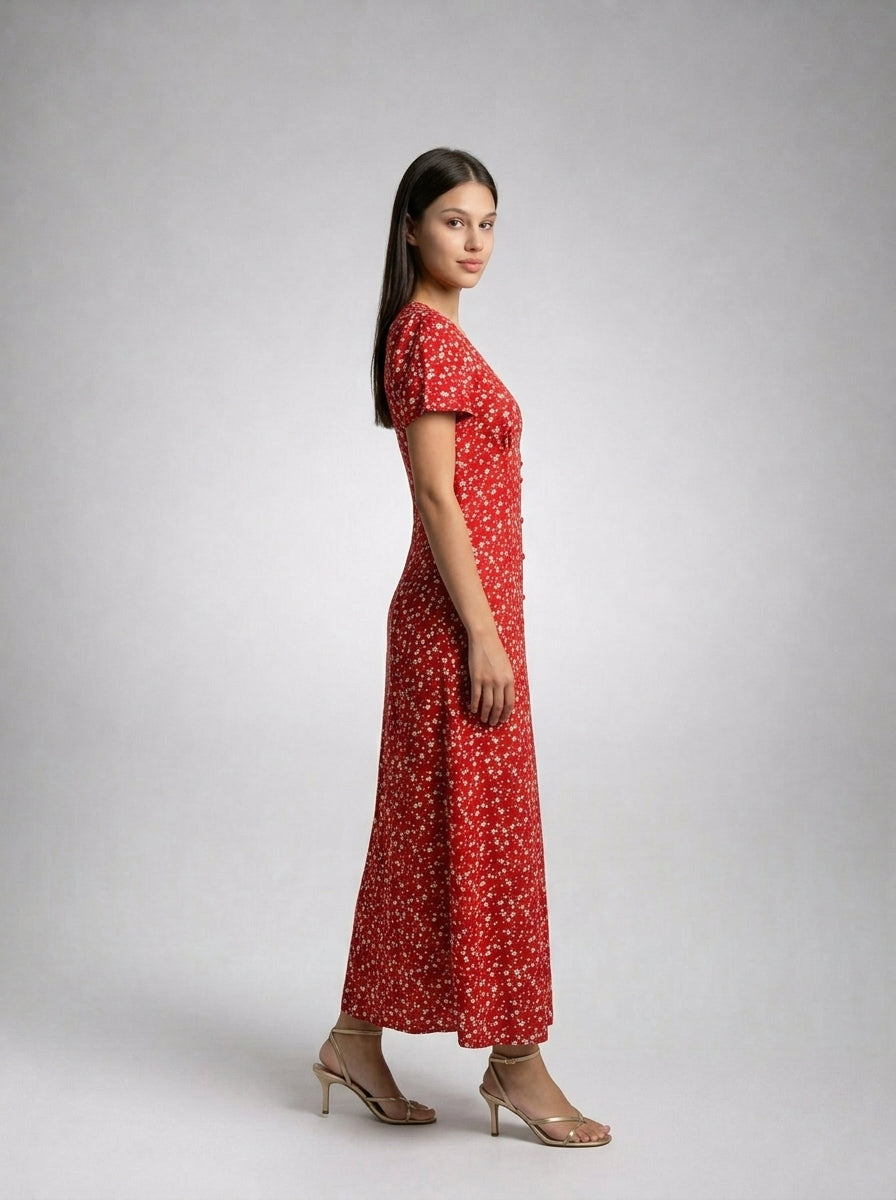 Liora Floral V Neck Short Sleeve Maxi Dress in Red
