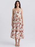 Camille Floral Scoop Neck Spaghetti Strap Midi Dress in Cream