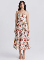 Camille Floral Scoop Neck Spaghetti Strap Midi Dress in Cream