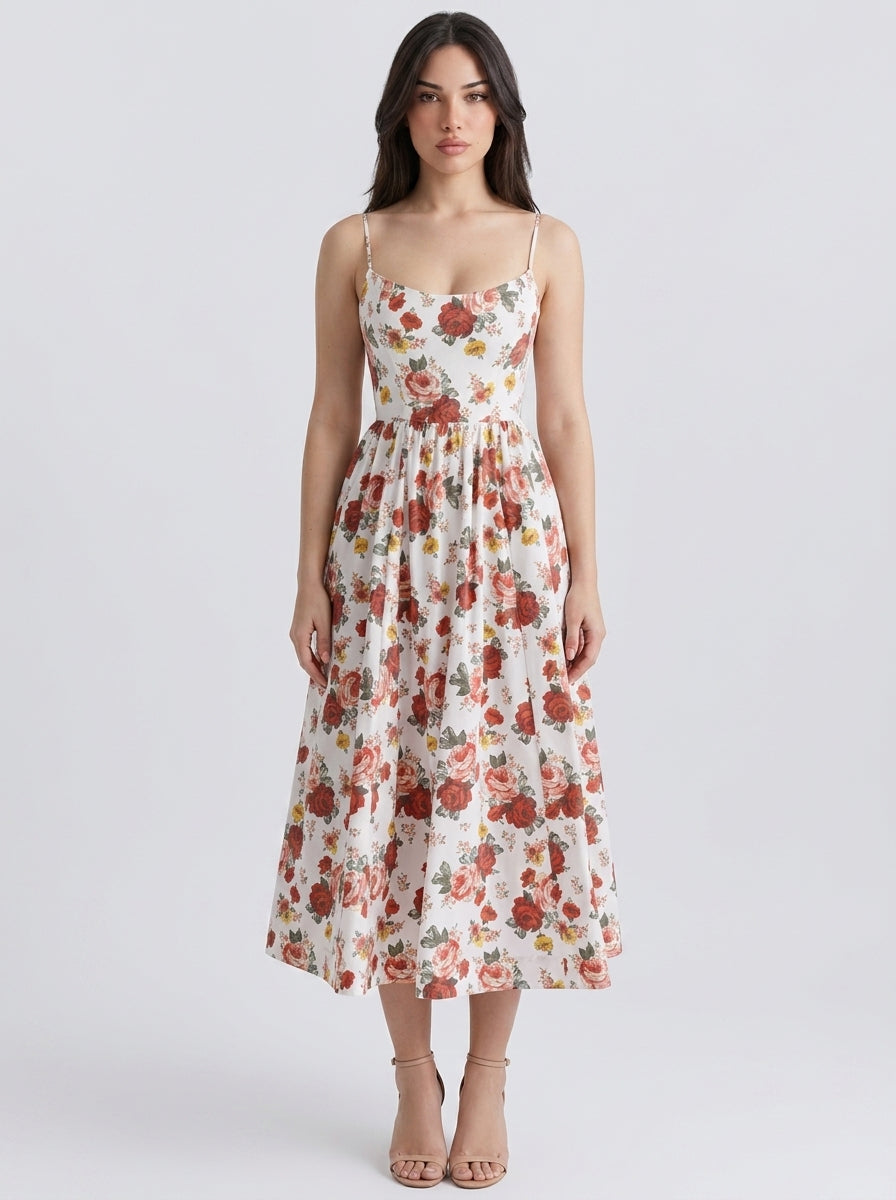 Camille Floral Scoop Neck Spaghetti Strap Midi Dress in Cream