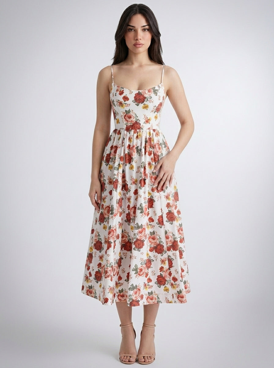 Camille Floral Scoop Neck Spaghetti Strap Midi Dress in Cream