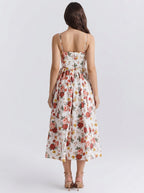 Camille Floral Scoop Neck Spaghetti Strap Midi Dress in Cream