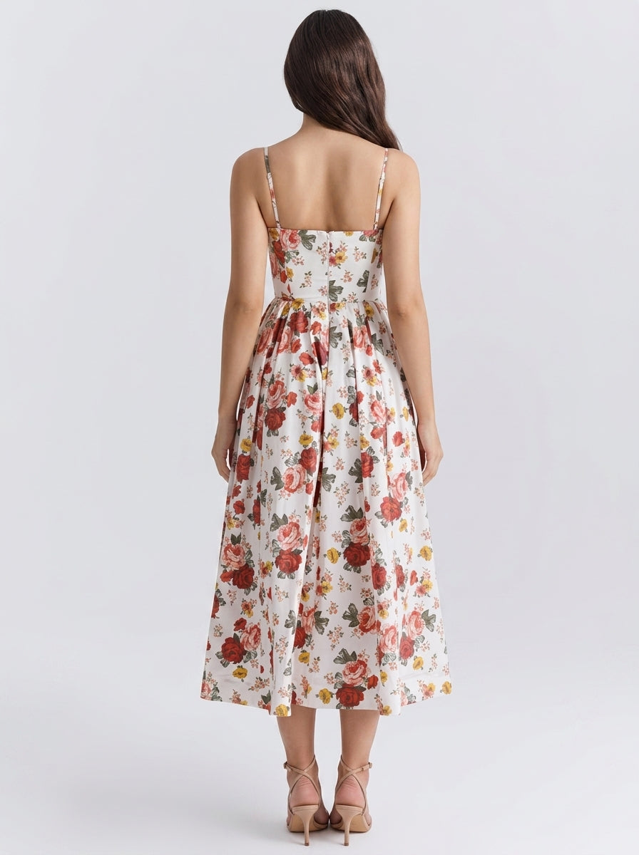 Camille Floral Scoop Neck Spaghetti Strap Midi Dress in Cream