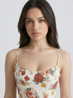 Camille Floral Scoop Neck Spaghetti Strap Midi Dress in Cream