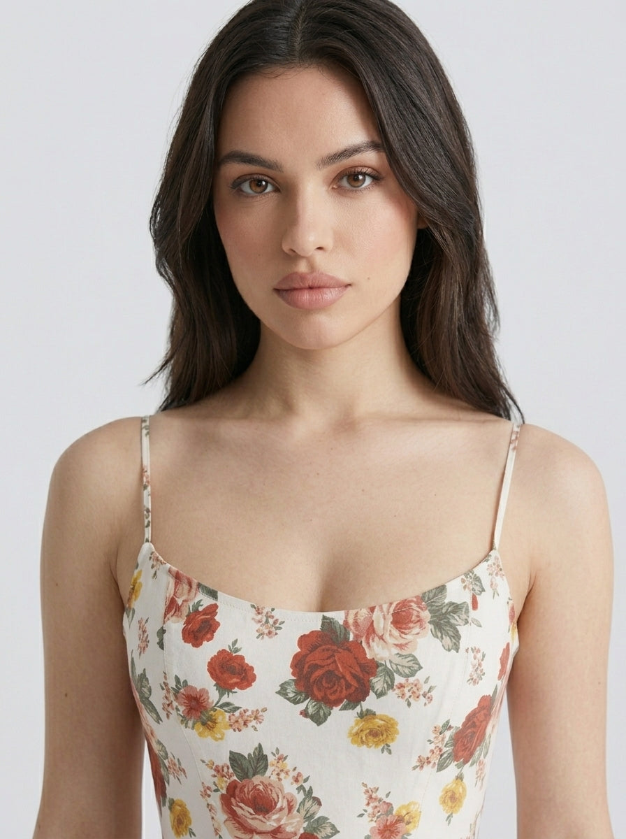 Camille Floral Scoop Neck Spaghetti Strap Midi Dress in Cream
