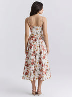 Camille Floral Scoop Neck Spaghetti Strap Midi Dress in Cream