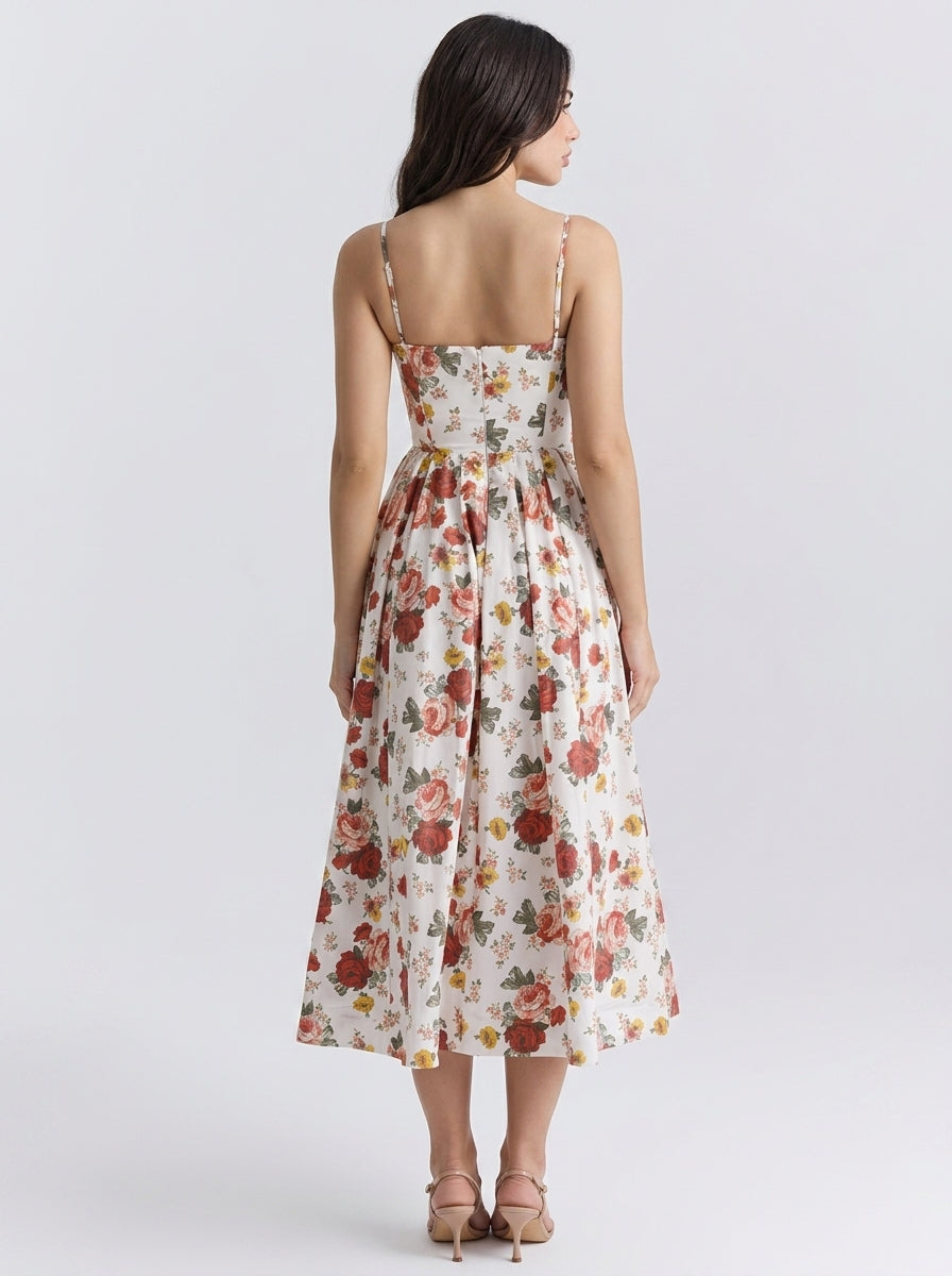Camille Floral Scoop Neck Spaghetti Strap Midi Dress in Cream