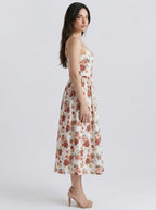 Camille Floral Scoop Neck Spaghetti Strap Midi Dress in Cream