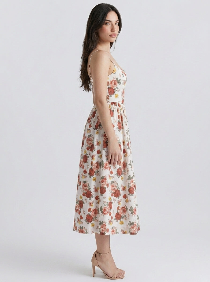 Camille Floral Scoop Neck Spaghetti Strap Midi Dress in Cream