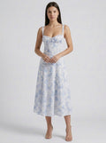 Rosalind Floral Sweetheart Neck Tie Front Midi Dress in Blue