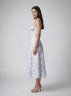 Rosalind Floral Sweetheart Neck Tie Front Midi Dress in Blue