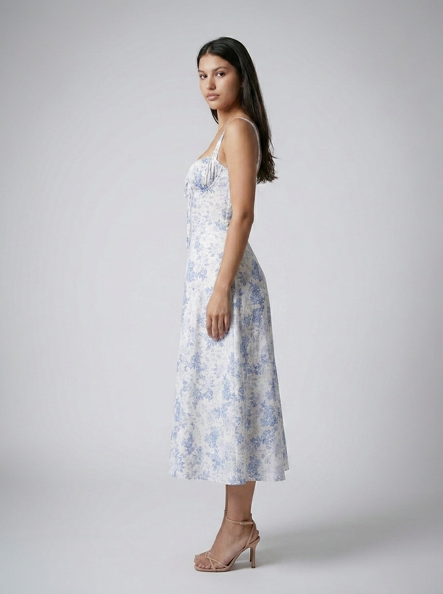 Rosalind Floral Sweetheart Neck Tie Front Midi Dress in Blue