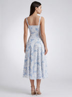 Rosalind Floral Sweetheart Neck Tie Front Midi Dress in Blue