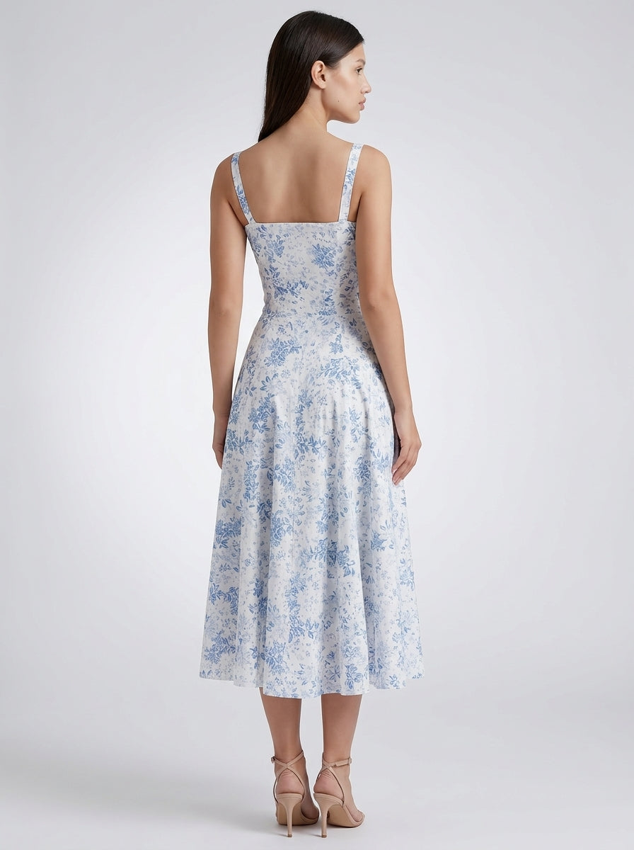 Rosalind Floral Sweetheart Neck Tie Front Midi Dress in Blue