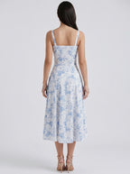 Rosalind Floral Sweetheart Neck Tie Front Midi Dress in Blue