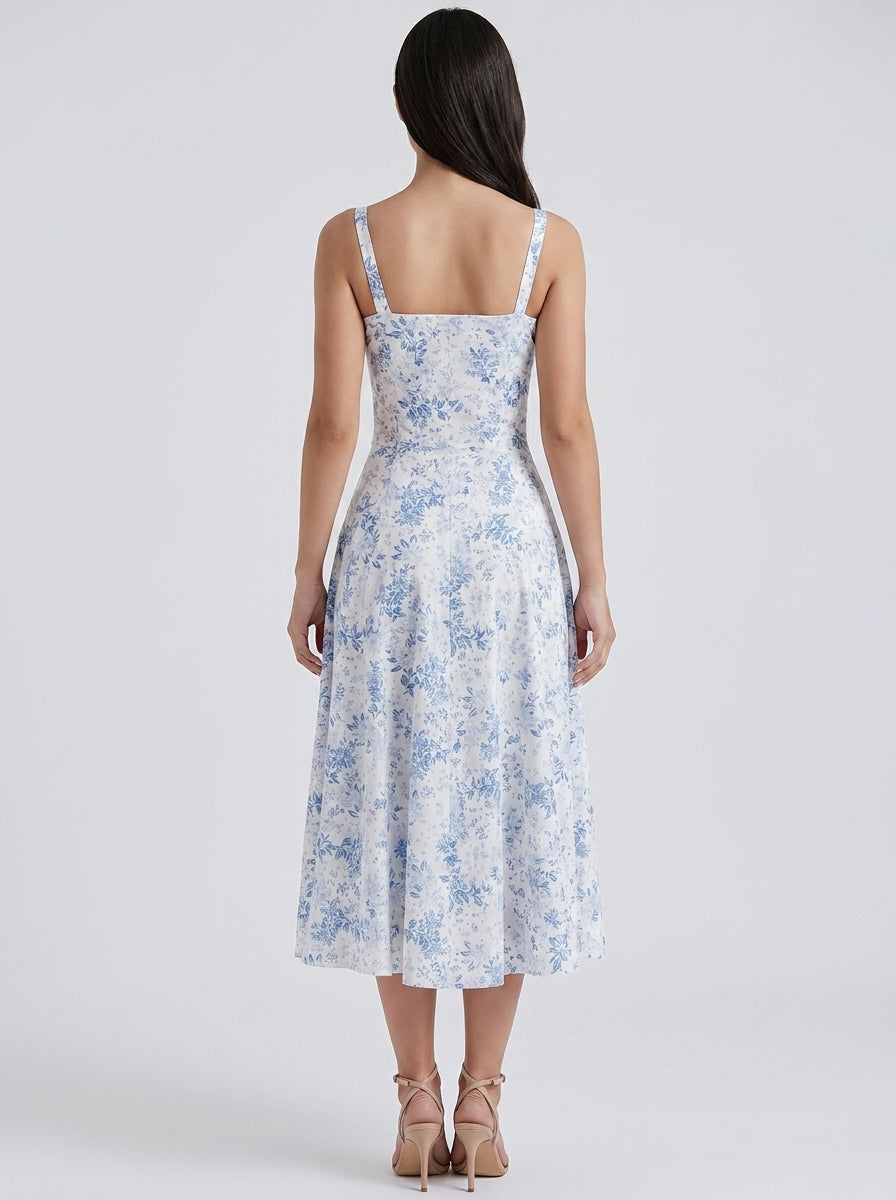 Rosalind Floral Sweetheart Neck Tie Front Midi Dress in Blue