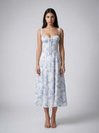 Rosalind Floral Sweetheart Neck Tie Front Midi Dress in Blue