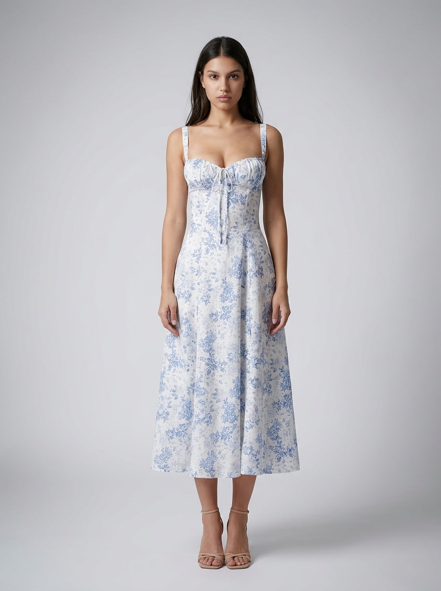 Rosalind Floral Sweetheart Neck Tie Front Midi Dress in Blue