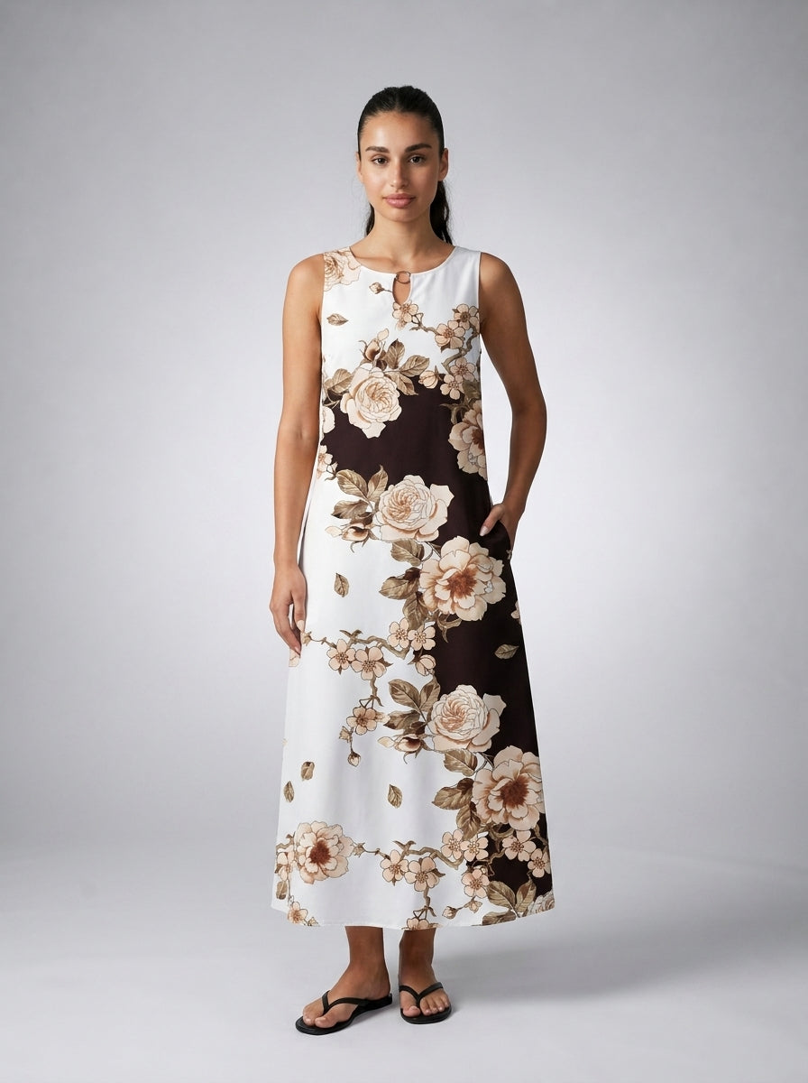 Xanthe Floral Round Neck Sleeveless Maxi Dress in Cream