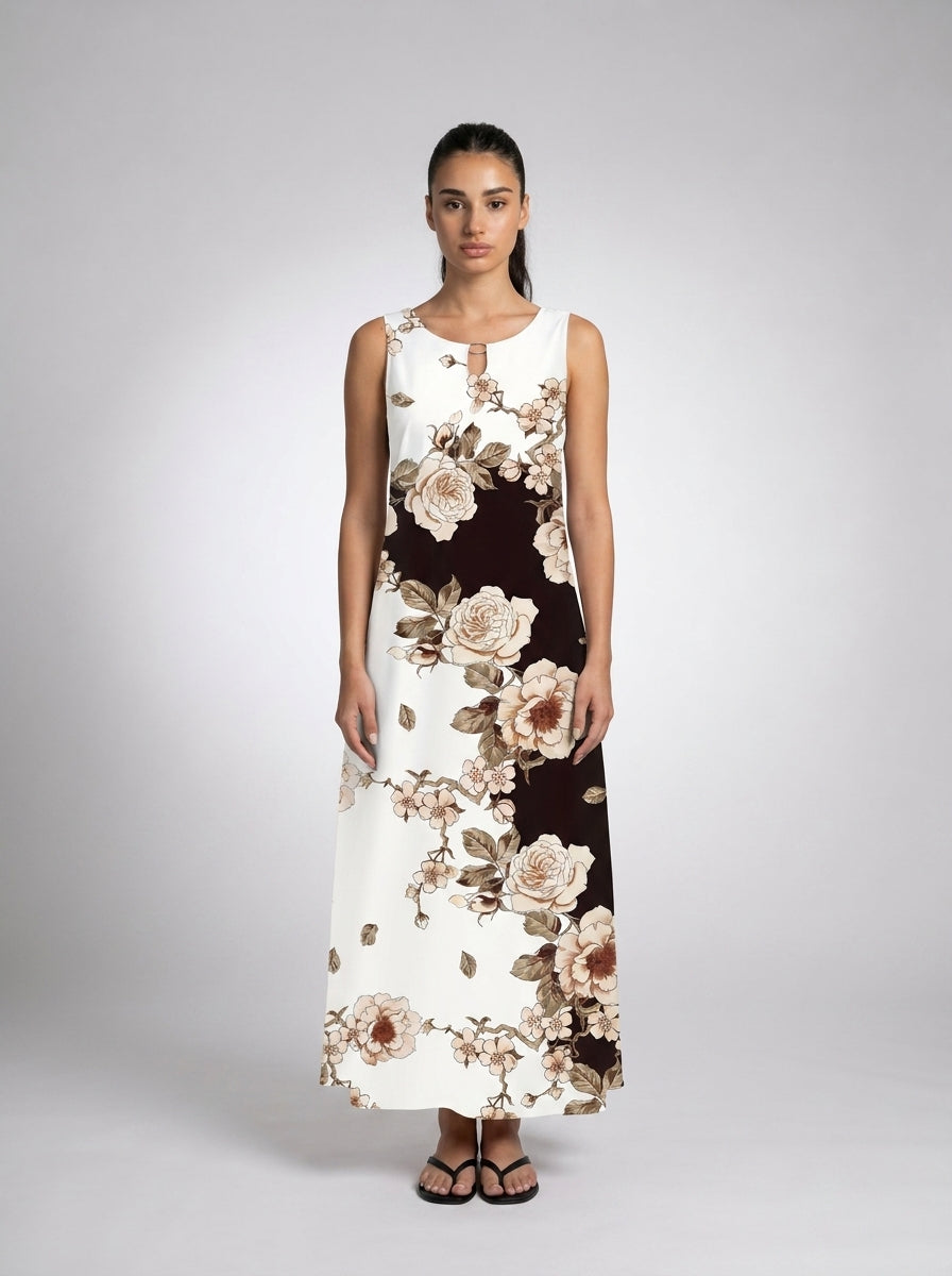 Xanthe Floral Round Neck Sleeveless Maxi Dress in Cream