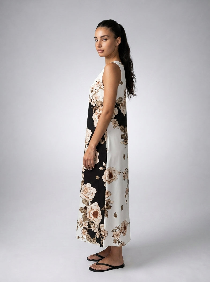 Xanthe Floral Round Neck Sleeveless Maxi Dress in Cream