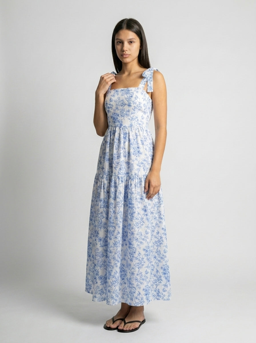Ophelia Floral Square Neck Tiered Maxi Dress in White