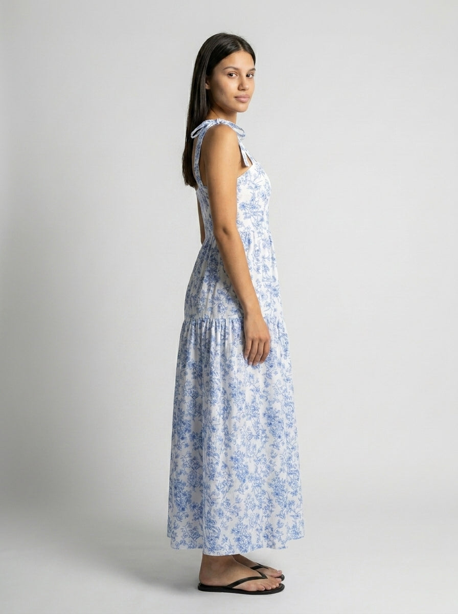Ophelia Floral Square Neck Tiered Maxi Dress in White
