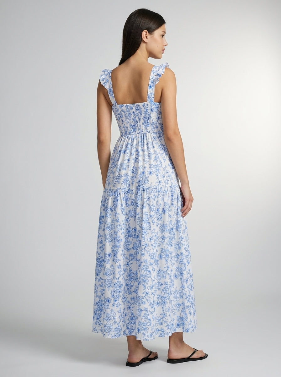 Ophelia Floral Square Neck Tiered Maxi Dress in White