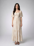 Talia Floral Sweetheart Flutter Sleeve Tiered Maxi Dress in Beige