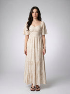 Talia Floral Sweetheart Flutter Sleeve Tiered Maxi Dress in Beige