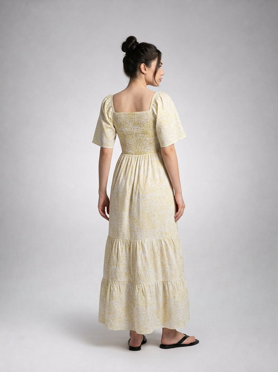 Talia Floral Sweetheart Flutter Sleeve Tiered Maxi Dress in Yellow