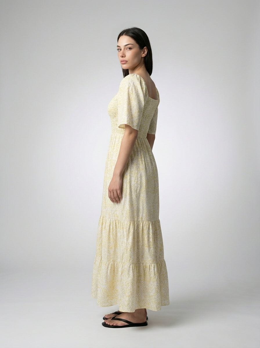 Talia Floral Sweetheart Flutter Sleeve Tiered Maxi Dress in Yellow